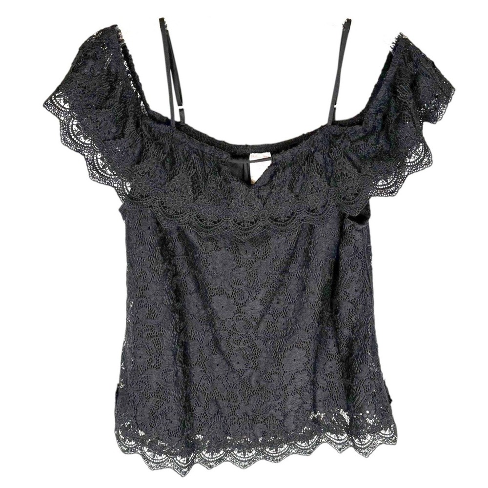 Black Lace Off Shoulder Top Sz XL Flutter Sleeve Scallop Hem Boho Romantic Goth